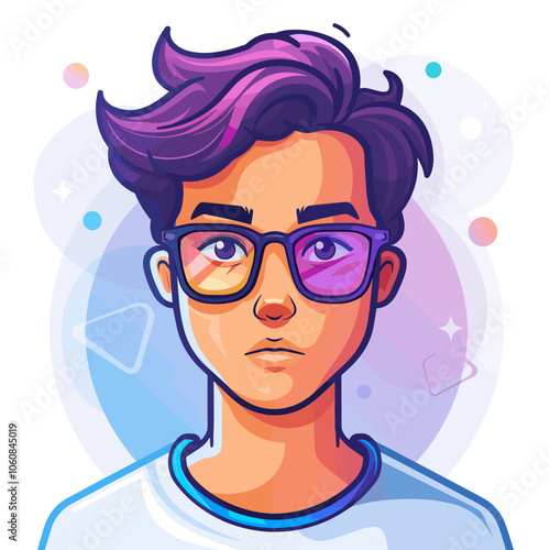 Man with glasses is the main focus of the image, he has a serious expression on his face. The image is a cartoonish representation of a man
