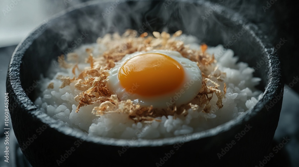 Steaming Rice Bowl with Egg Yolk Center. AI generated illustration Steaming Rice Bowl with Egg Yolk Center. AI generated illustration