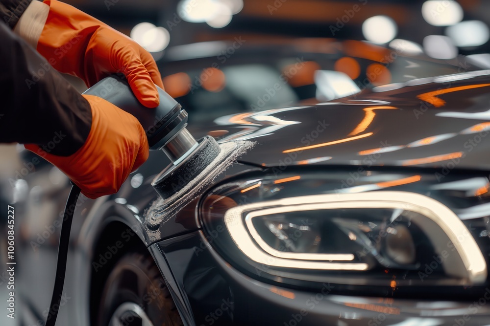 Obraz premium Professional detailing a car in car studio, hands with orbital polisher, scratching remover, vehicle care concept