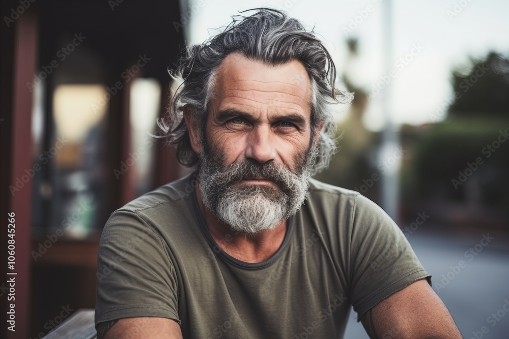 Portrait of an old man with gray beard and mustache in the city Portrait of an old man with gray beard and mustache in the city