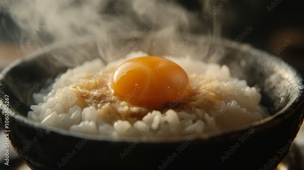 Steaming Rice Bowl with Egg Yolk Center. AI generated illustration Steaming Rice Bowl with Egg Yolk Center. AI generated illustration