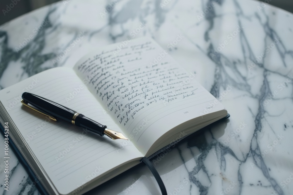 Luxury Fountain Pen on Open Notebook: Symbol of Elegance and Precision in Office Decor Luxury Fountain Pen on Open Notebook: Symbol of Elegance and Precision in Office Decor