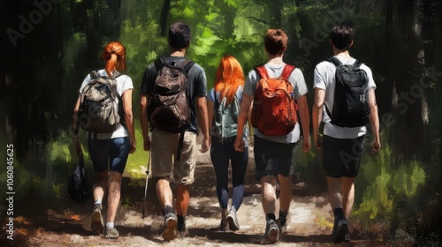 Diverse Group of Adults Hiking in a Forest Trail