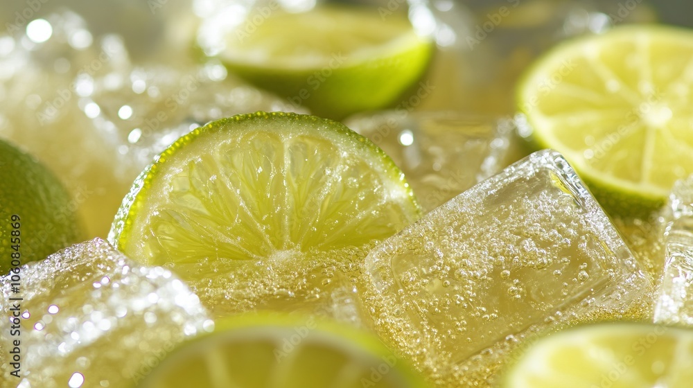Refreshing Sparkling Water with Lime and Ice Cubes. AI generated illustration