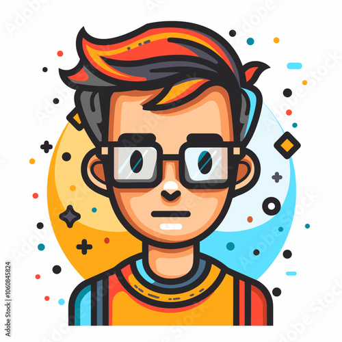 Man with glasses is the main focus of the image, he has a serious expression on his face. The image is a cartoonish representation of a man