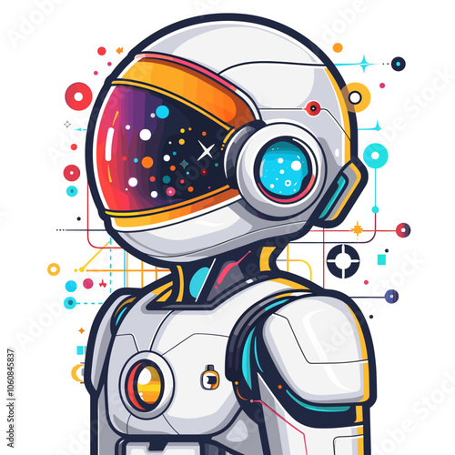 Robot with a helmet on a white background. The robot is wearing a white helmet and has a futuristic look