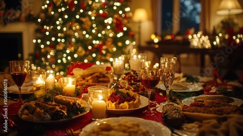 A beautifully decorated Christmas dinner table with candles and wine glasses, set for a festive meal.