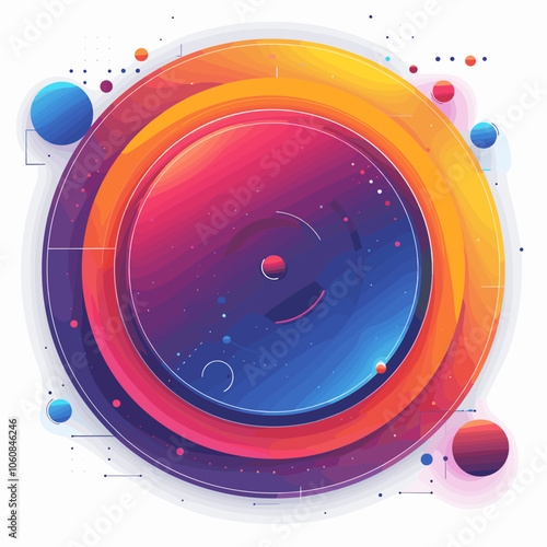 Colorful circle with a blue center and red and yellow edges. The circle is surrounded by a lot of dots, which give the impression of a galaxy. The colors and dots create a sense of movement