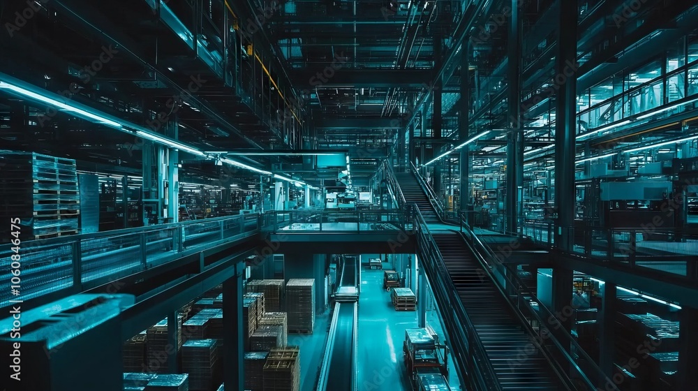 Modern Factory Hall with Conveyor Belts. AI generated illustration Modern Factory Hall with Conveyor Belts. AI generated illustration