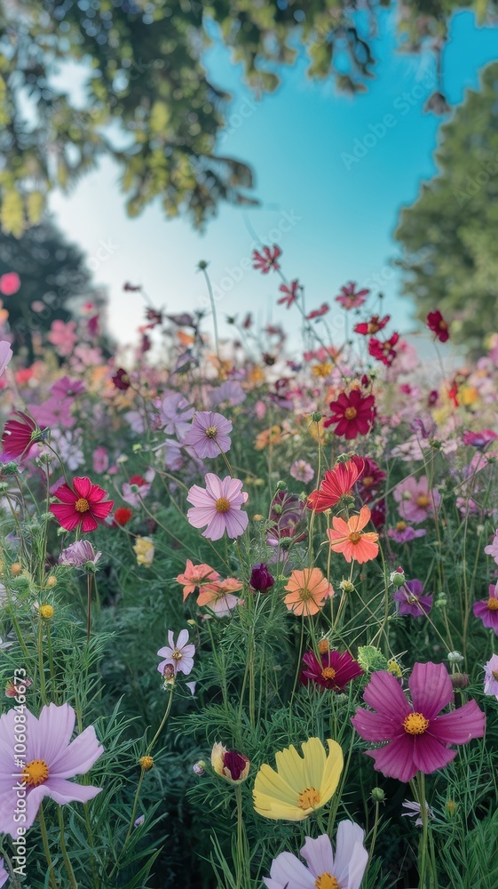 Fototapeta premium Blooming Wildflower Field in Full Color with Scenic Landscape
