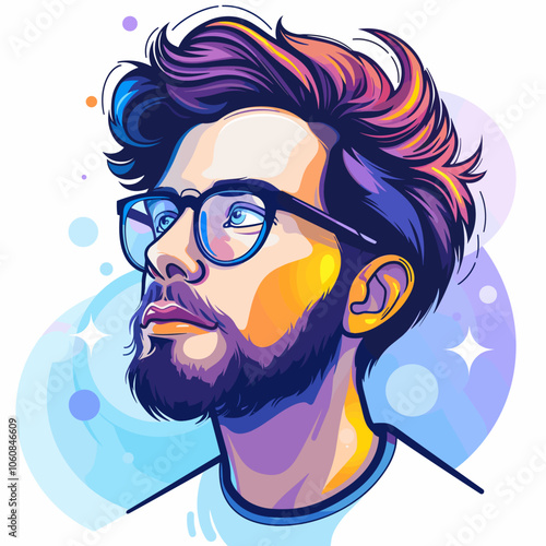 Man with glasses is the main focus of the image, he has a serious expression on his face. The image is a cartoonish representation of a man