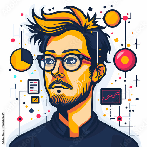 Man with glasses is the main focus of the image, he has a serious expression on his face. The image is a cartoonish representation of a man