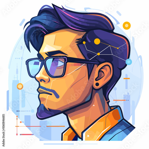 Man with glasses is the main focus of the image, he has a serious expression on his face. The image is a cartoonish representation of a man