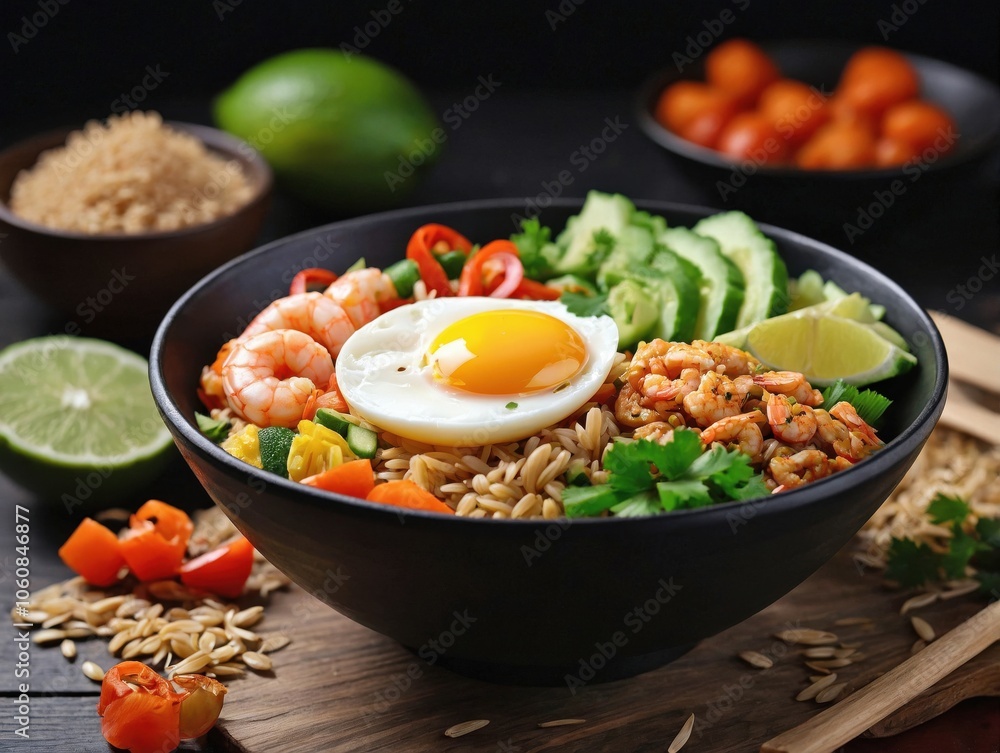 Khao Pad in Black Bowl on Wooden Surface Khao Pad in Black Bowl on Wooden Surface
