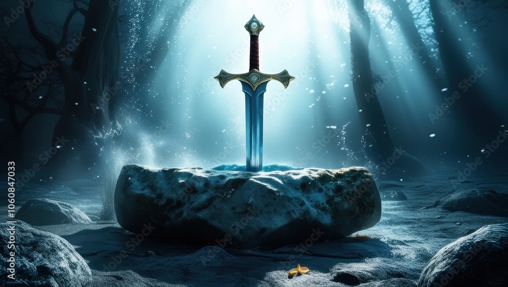 Naklejka premium underwater scene, sunken rowboat, ocean floor, blue-green water, shafts of light, sunbeams penetrating water, atmospheric, mysterious, ethereal, submerged, abandoned vessel, marine environment, deep s