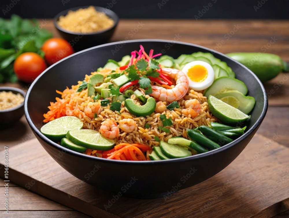 Khao Pad in Black Bowl on Wooden Surface Khao Pad in Black Bowl on Wooden Surface