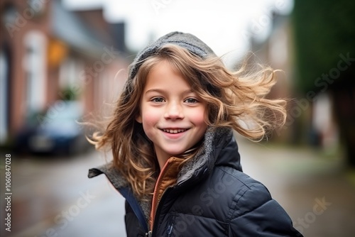 Portrait of a cute little girl with curly hair in winter jacket