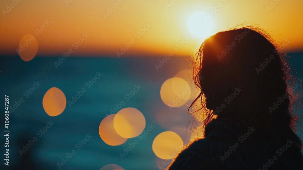 A woman stands alone on a beach as the sun sets over the ocean, creating a warm glow A woman stands alone on a beach as the sun sets over the ocean, creating a warm glow