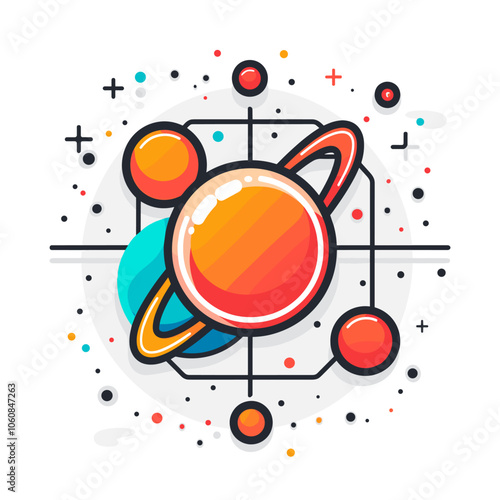 Colorful drawing of a planet with a star and a few other planets in the background. The drawing has a playful and whimsical mood, with the planets and star all being different colors and sizes