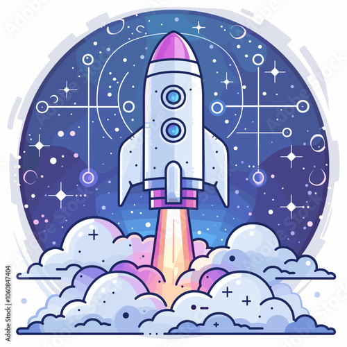 White rocket is flying through the sky with a blue background. The rocket is surrounded by a cloud of white and blue, giving the impression of a space launch. Concept of excitement and adventure