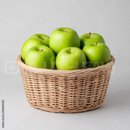 A wicker basket filled with six green apples on a white background.