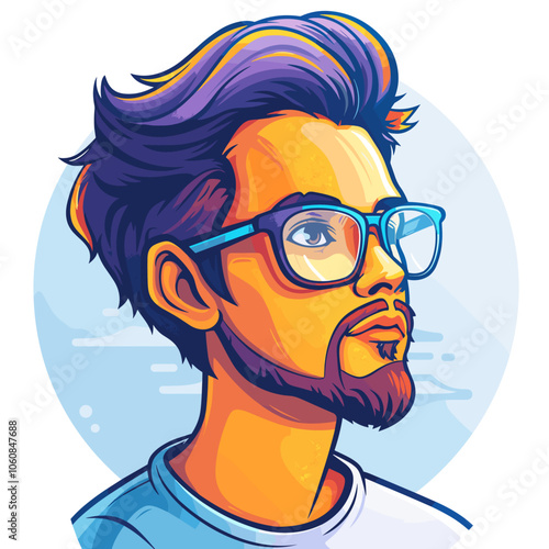 Man with glasses is the main focus of the image, he has a serious expression on his face. The image is a cartoonish representation of a man