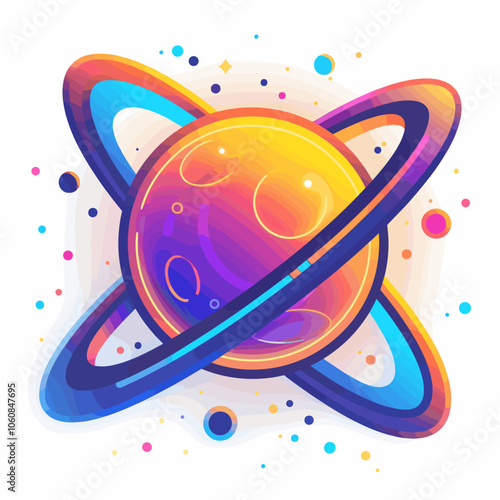 Colorful planet with a blue and yellow ring around it. The planet is surrounded by many small dots, which could represent stars or other celestial bodies. Scene is one of wonder and awe