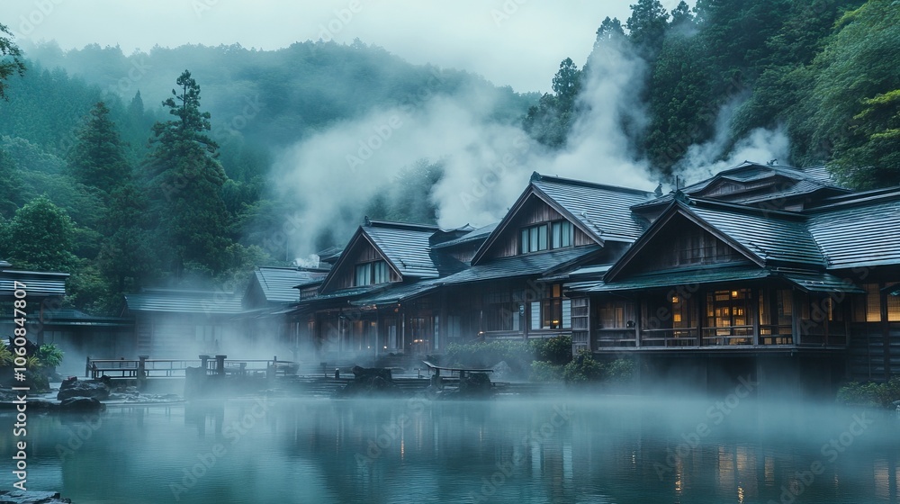 Fototapeta premium Serene Traditional Japanese Hot Spring Resort in the Forest. AI generated illustration