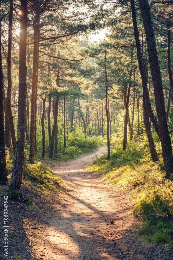 An inviting forest pathway, bathed in the warmth of early morning sunlight. An inviting forest pathway, bathed in the warmth of early morning sunlight.