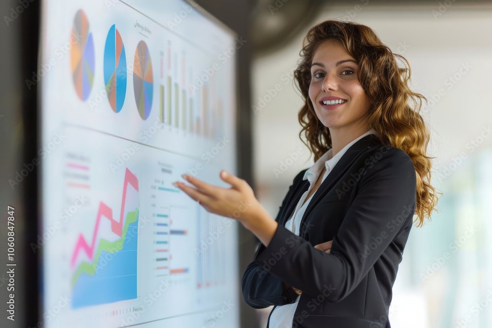 Confident Businesswoman Presenting Successful Financial Projections for Leadership and Growth Confident Businesswoman Presenting Successful Financial Projections for Leadership and Growth