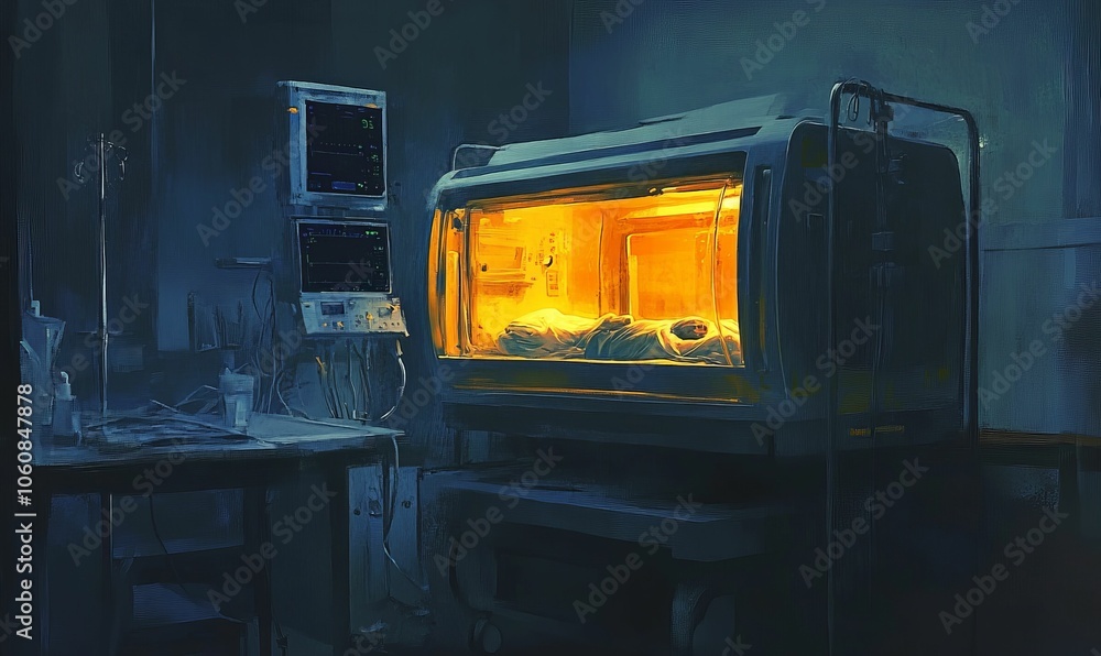 A patient lies in a hospital bed with machines monitoring. A patient lies in a hospital bed with machines monitoring.