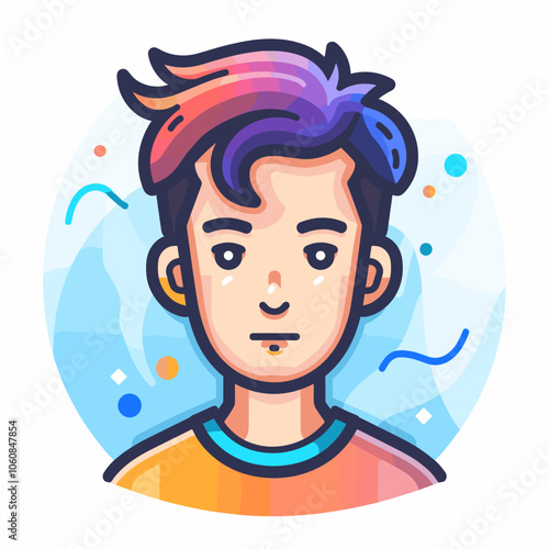 Boy with blue and purple hair is looking at the camera. The image is colorful and has a fun, playful vibe