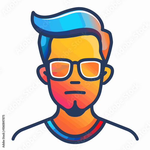 Man with blue hair and glasses is wearing sunglasses. He looks sad. The image is colorful and has a cartoonish feel