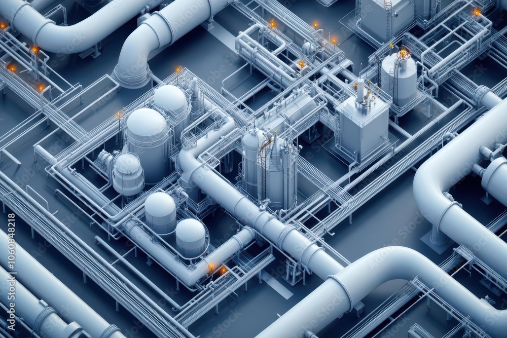High-tech fuel refinery plant, complex network of pipelines, futuristic industrial design High-tech fuel refinery plant, complex network of pipelines, futuristic industrial design