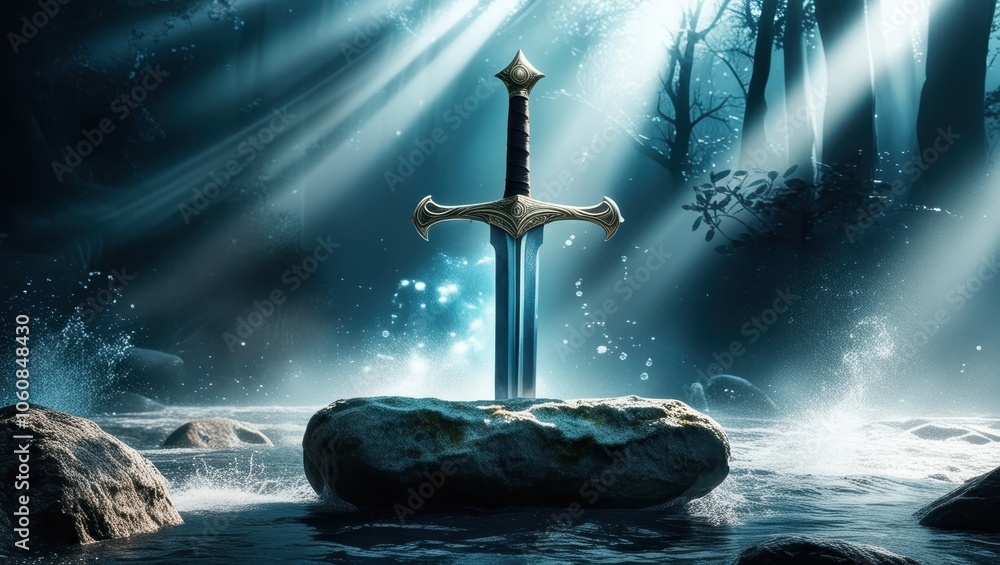 Naklejka premium underwater scene, sunken rowboat, ocean floor, blue-green water, shafts of light, sunbeams penetrating water, atmospheric, mysterious, ethereal, submerged, abandoned vessel, marine environment, deep s