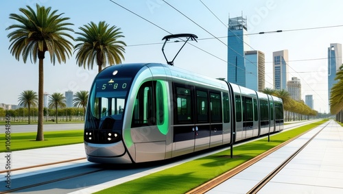 Modern light rail tram, futuristic city transportation, palm tree lined street, waterfront promenade, sleek blue skyscrapers, sunny day, clean urban environment, eco-friendly public transit, coastal c