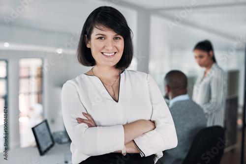 Happy, crossed arms and portrait of pregnant businesswoman in office with confidence for finance career. Smile, pregnancy and female financial planner from London with pride for company revenue rate.