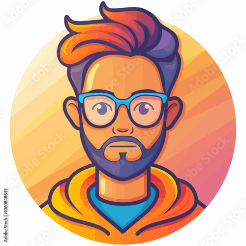 Man with glasses and a beard is wearing an orange hoodie. He has a serious expression on his face