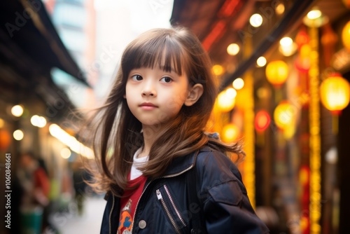 Portrait of a cute asian girl in the city street.