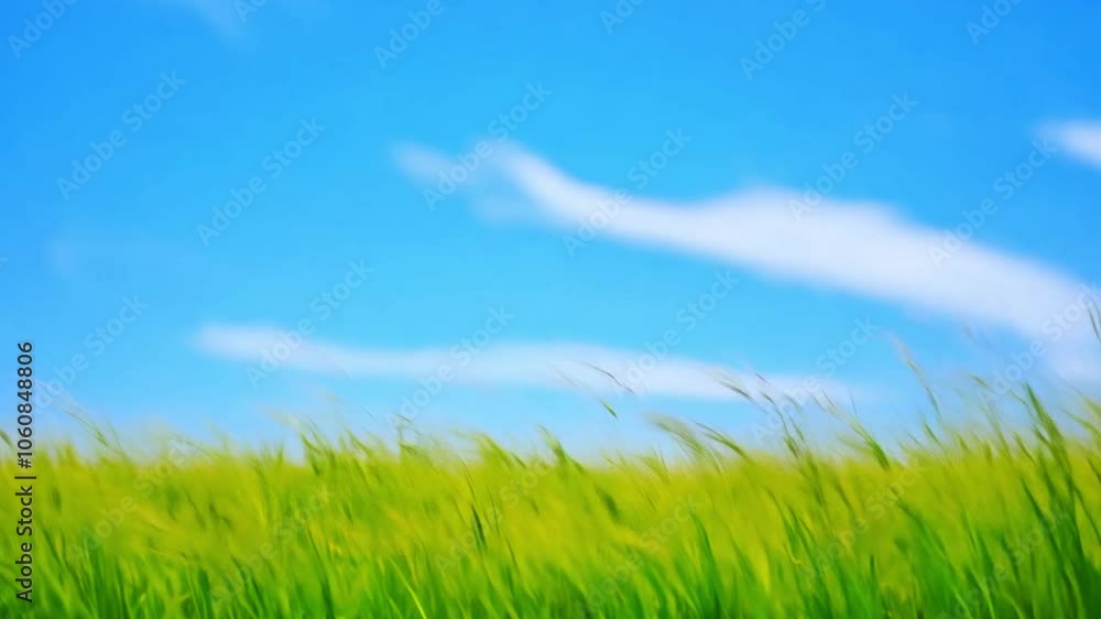 Fresh green grass in blue sky. Landscape summer green field sun sky nature. Some spikelet's moving slowly in wind. Lush wheat grows in agricultural field. Modern agriculture. Copy space Fresh green grass in blue sky. Landscape summer green field sun sky nature. Some spikelet's moving slowly in wind. Lush wheat grows in agricultural field. Modern agriculture. Copy space