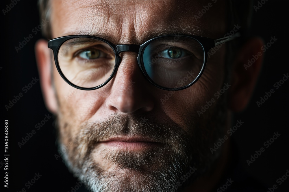 Close-up portrait of a mature man with glasses against a black background. Concept of wisdom, focus, and introspection. Close-up portrait of a mature man with glasses against a black background. Concept of wisdom, focus, and introspection.