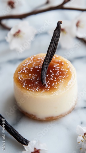 Delicate vanilla crème brûlée with caramelized sugar topping and spring blossoms photo