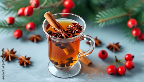 spicy tea with cinnamon and rosehip berries, ideal for festive and wellness themes photo