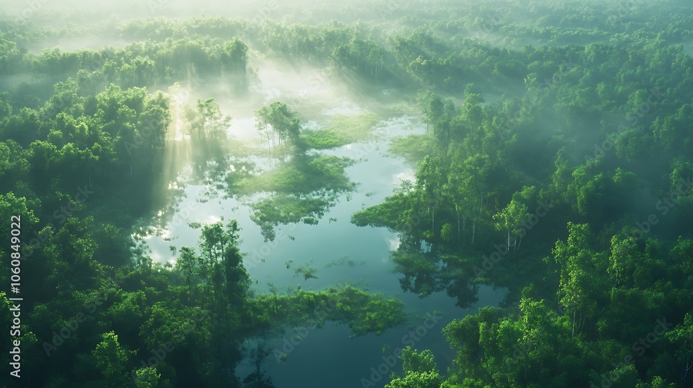 Obraz premium Scenic aerial view of a dense forest with interwoven wetlands, patches of water glistening amidst lush greenery, natural light casting soft shadows, tranquil atmosphere,