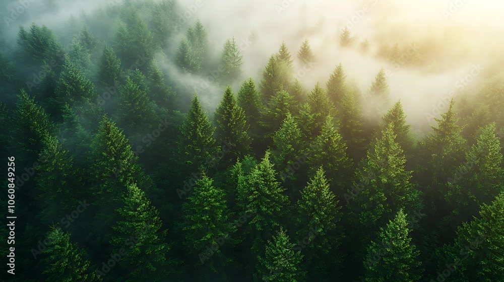 Scenic aerial view of a fog-covered pine forest, mist rolling over dense green treetops, soft sunlight diffused by fog, creating a mysterious and peaceful scene, Scenic aerial view of a fog-covered pine forest, mist rolling over dense green treetops, soft sunlight diffused by fog, creating a mysterious and peaceful scene,