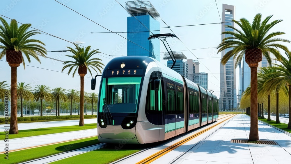 Naklejka premium Modern light rail tram, futuristic city transportation, palm tree lined street, waterfront promenade, sleek blue skyscrapers, sunny day, clean urban environment, eco-friendly public transit, coastal c
