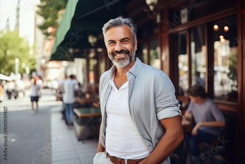 Portrait of a handsome mature man standing in front of a cafe