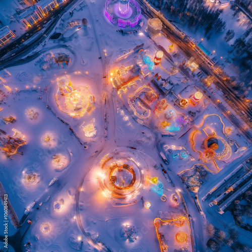 An aerial view of the Harbin Ice Festival at sunset, with the sun casting a soft glow on the ice structures. The colorful lights are starting to turn on, creating a dreamlike scene, No humans present photo