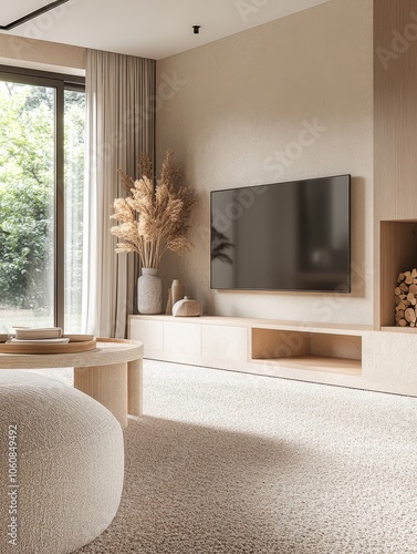 Imagine a sleek, minimalistic space with modern furniture, stylish lighting, inviting accents for comfort, and calming nature elements, together creating a luxurious urban atmosphere