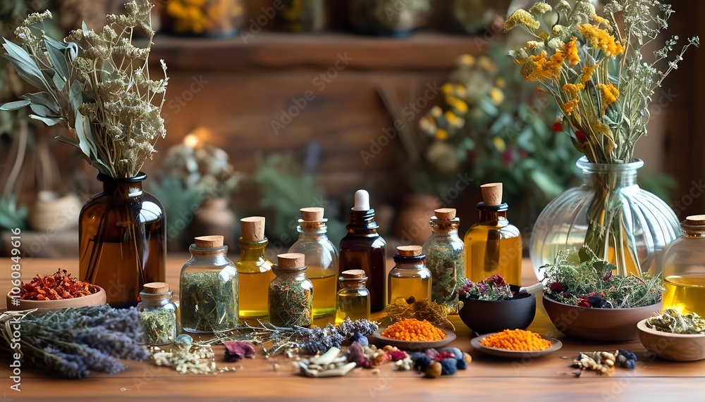 Collection of herbal essential oils with plants, perfect for wellness and aromatherapy themes Collection of herbal essential oils with plants, perfect for wellness and aromatherapy themes